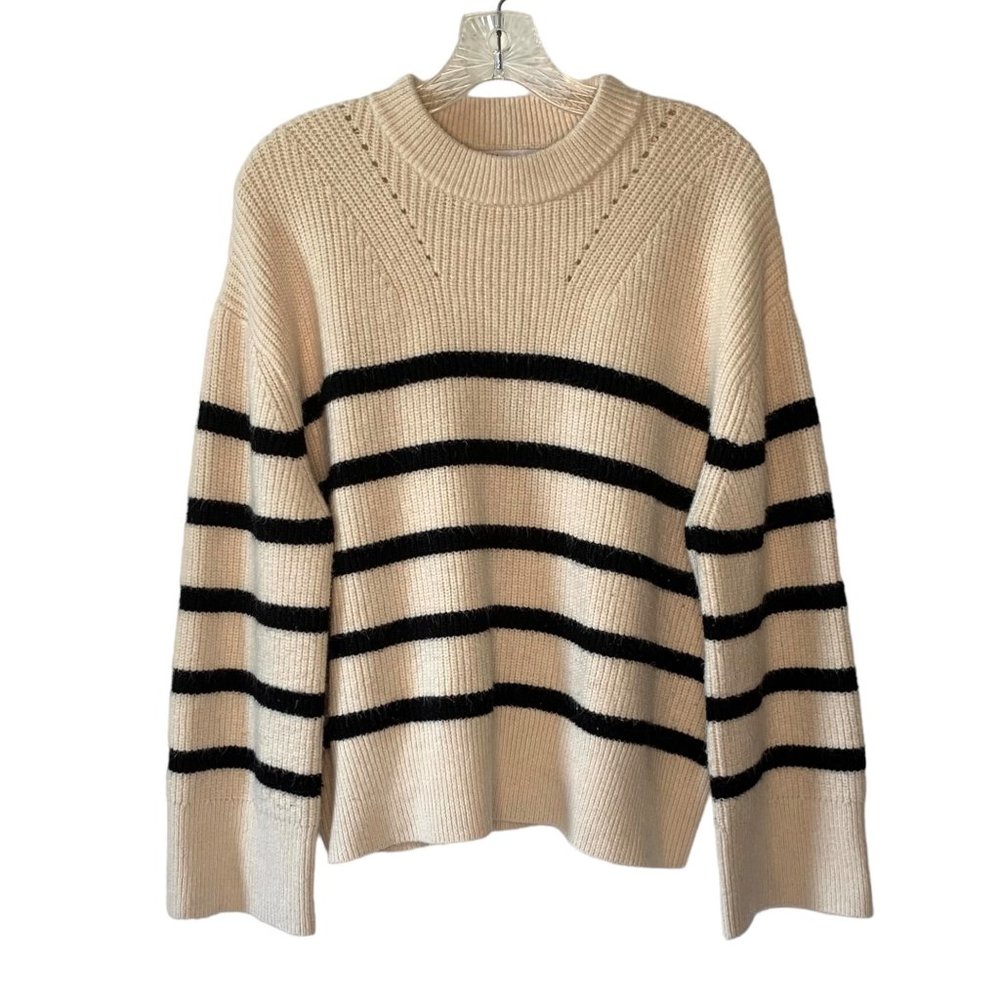 •SOLD•ZARA Off-White + Navy Stripe Crewneck Oversized Wide-Cuff Knit Sweater S - Picture 3 of 9